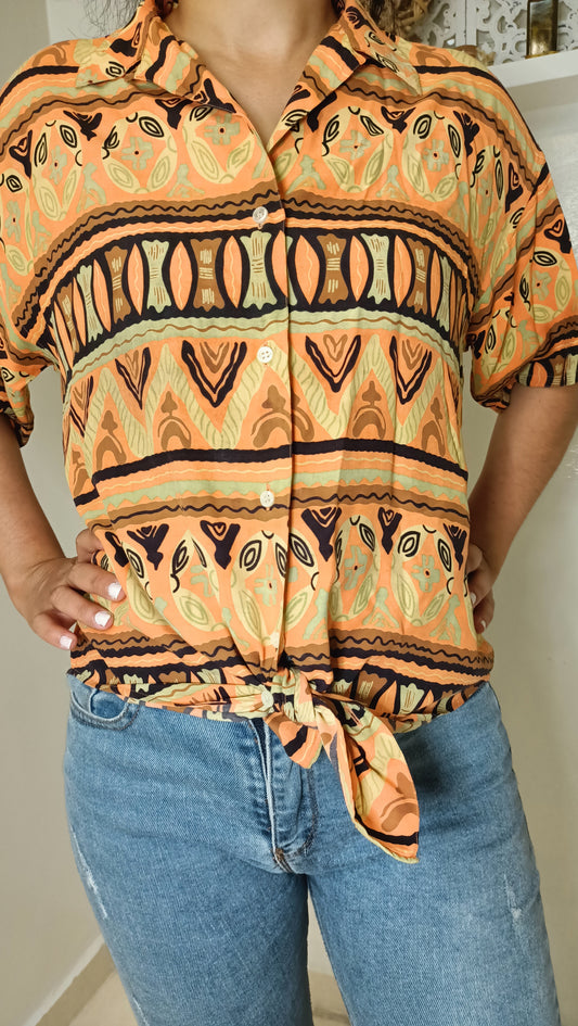 Chemise Femme Ethnique Vintage à Nœud - Motifs Africains Vibrants