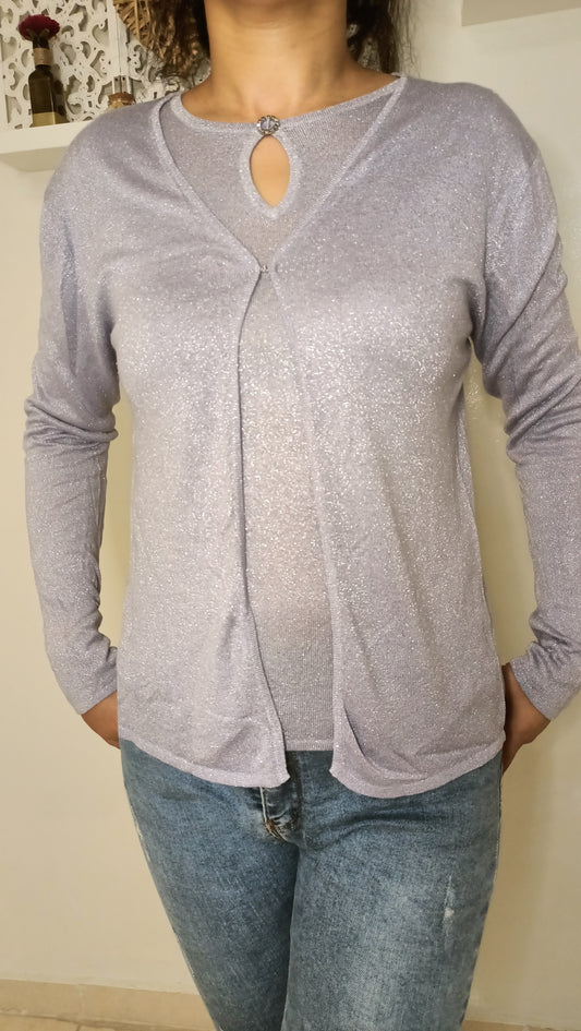 Ensemble Glamour Pailleté 2-Pièces - Cardigan & Top Scintillant Lilas
